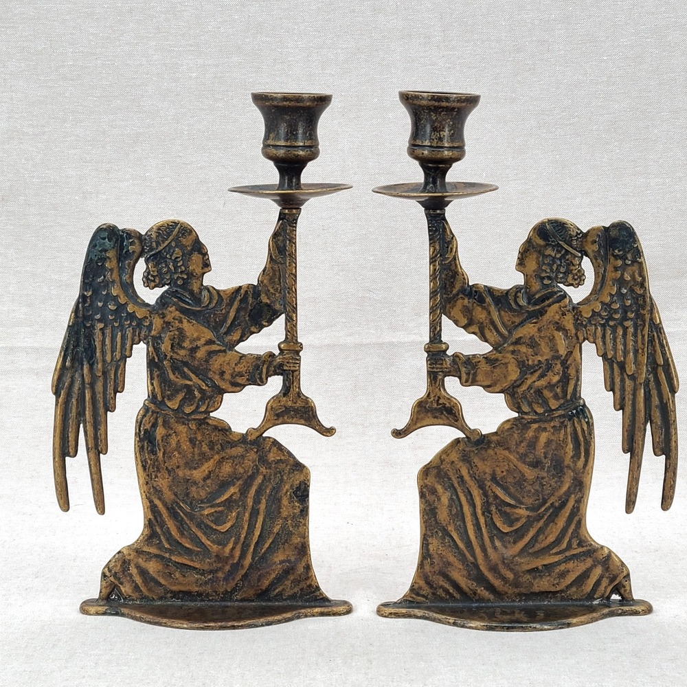 Vintage Brass Angel Candlesticks Pair 10" Made in Italy Taper Candle Holders